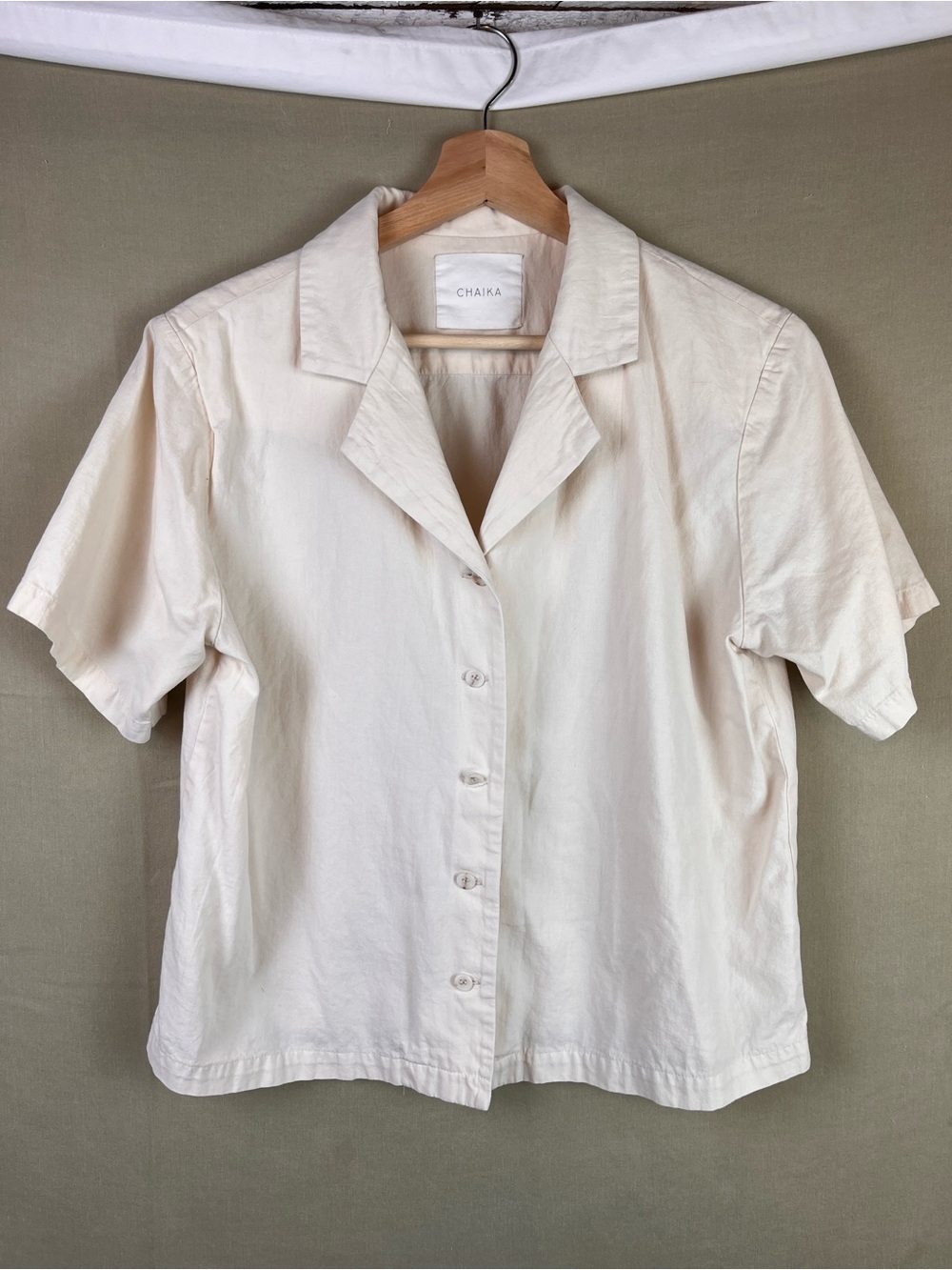 Linen Cotton Blend Neutral Color Short Sleeve Button Down